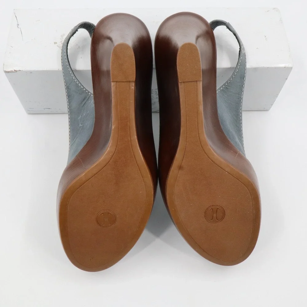 Cole Haan Wedge Sandals Womens 9 B‎ Slate Blue Leather Peep Toe Slingback D21178
